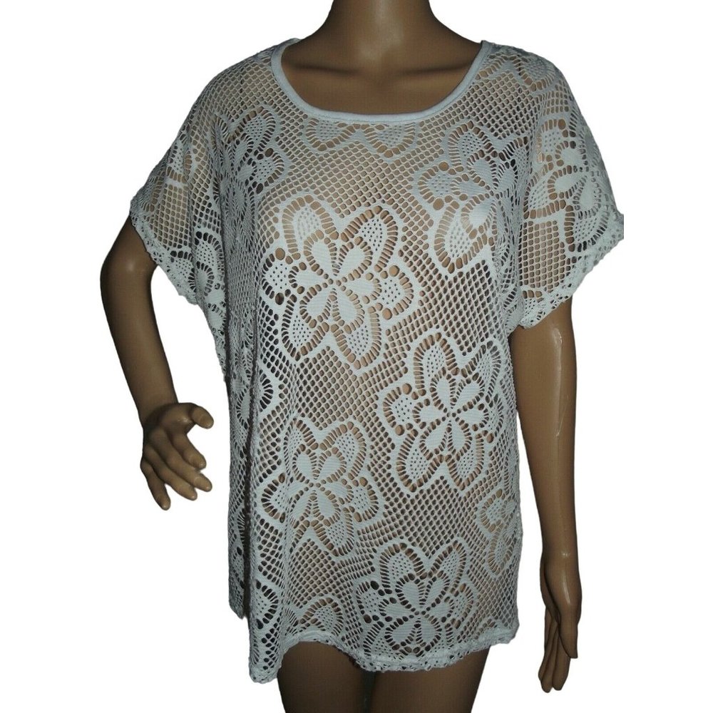 Victoria M/L White Scoop Neck Lace Top shirt blouse medium large swim coverup